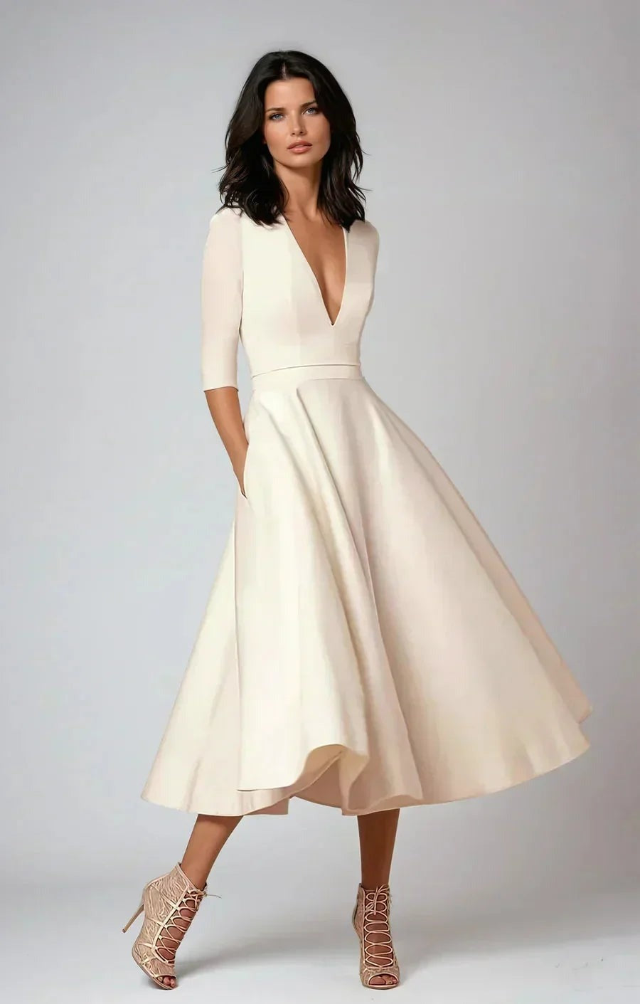 Daphne - Flared midi dress with V-neck, 3/4 sleeves and pockets - photo 6
