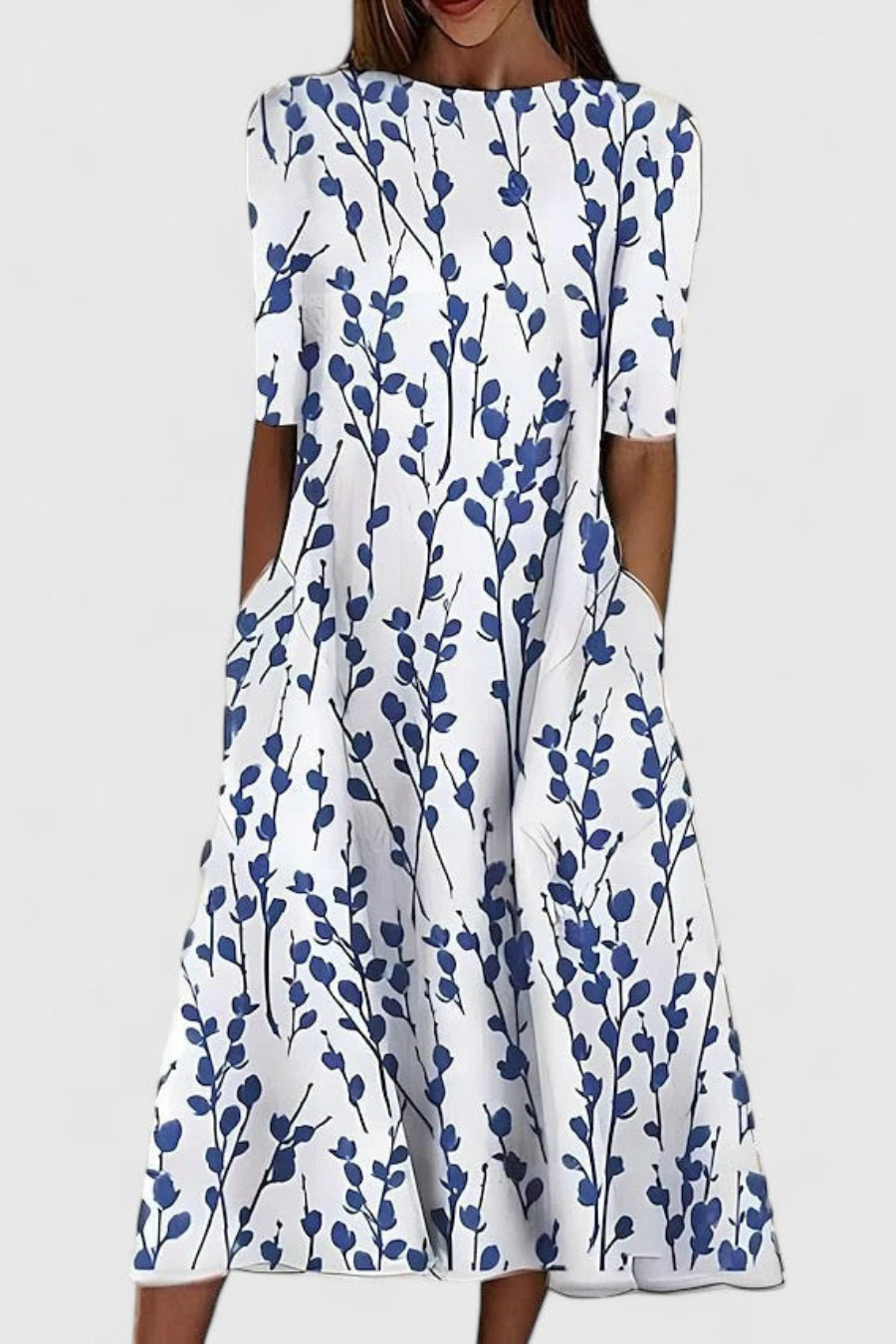 Jeannie - Women's Printed Cotton Midi Dress for the Office