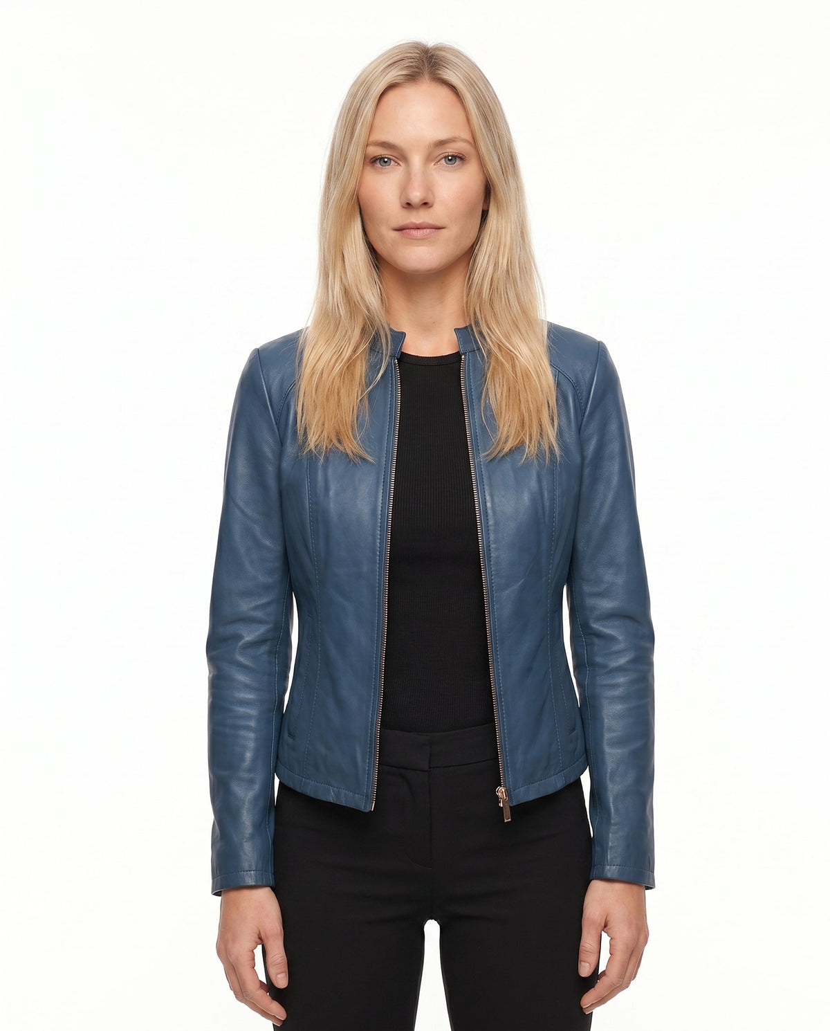 Sienna - Women's Fitted Leather Jacket with Stand Collar and Zip Front - Blue
