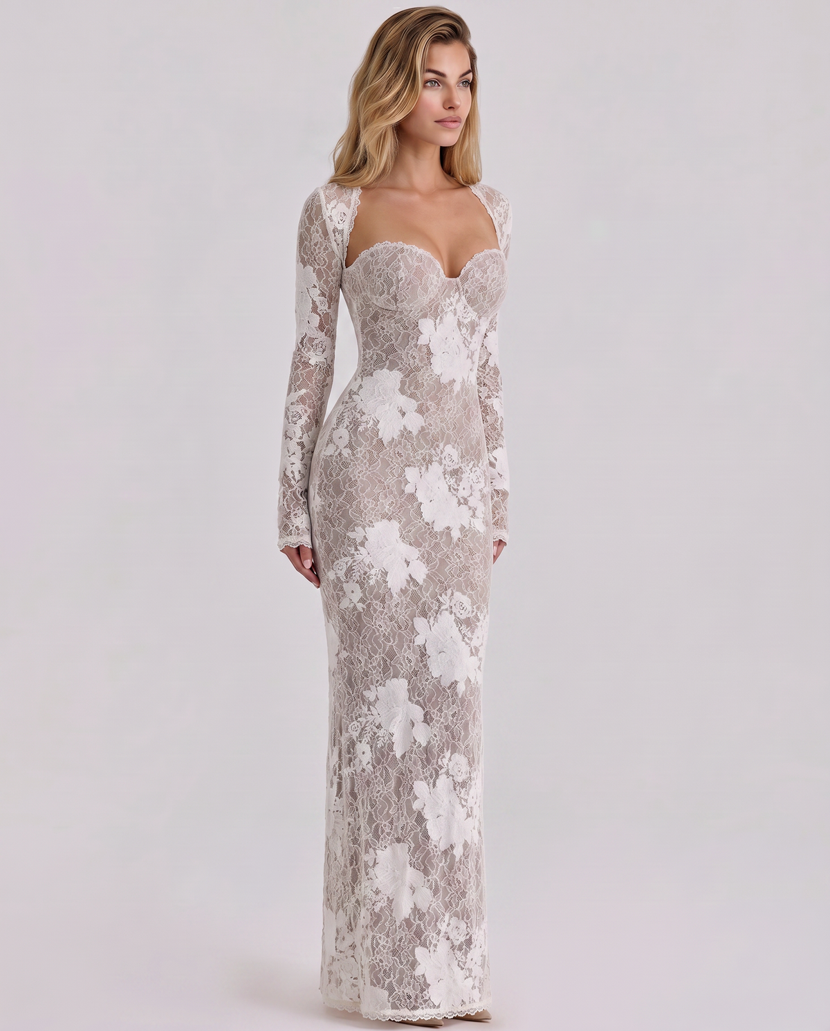 Sylvaine - Women's Maxi Dress with Lace Trim and Long Sleeves - photo 9