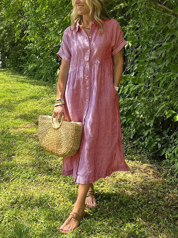 Jolene - Women's Midi Shirt Dress with a Striped Print