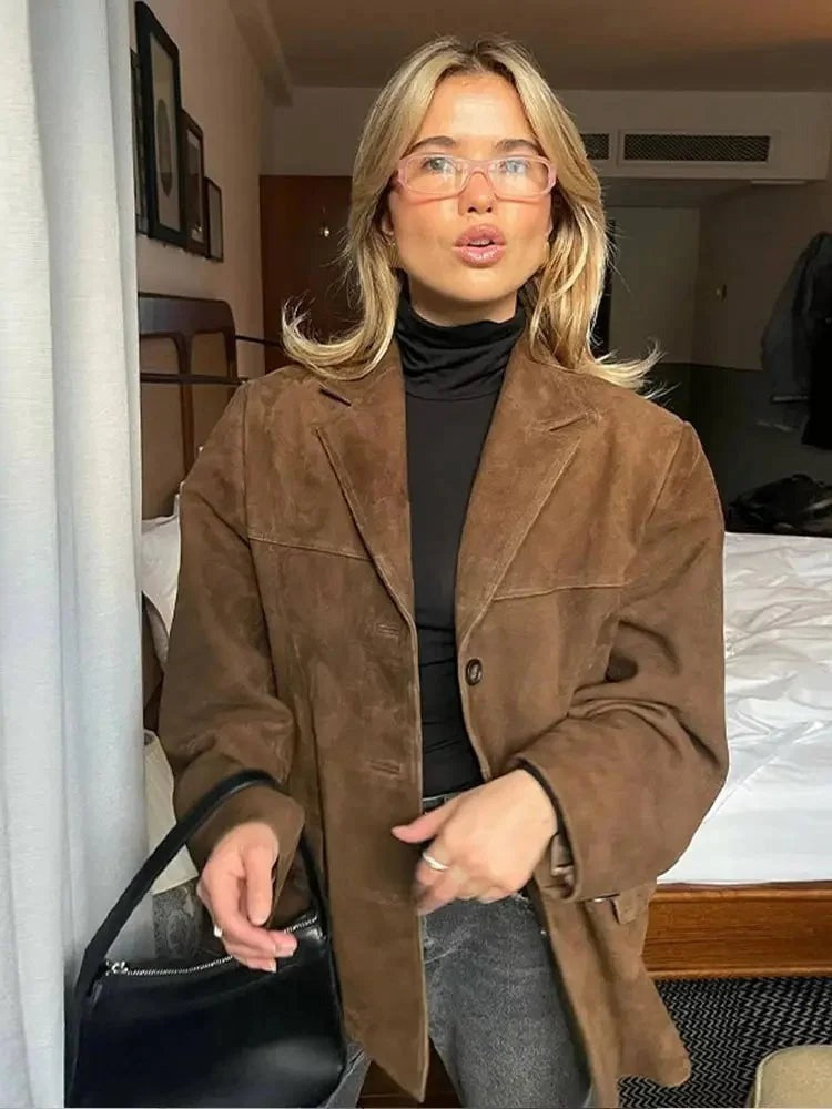 Davina - Women's Oversized Brown Suede Blazer Coat - photo 1