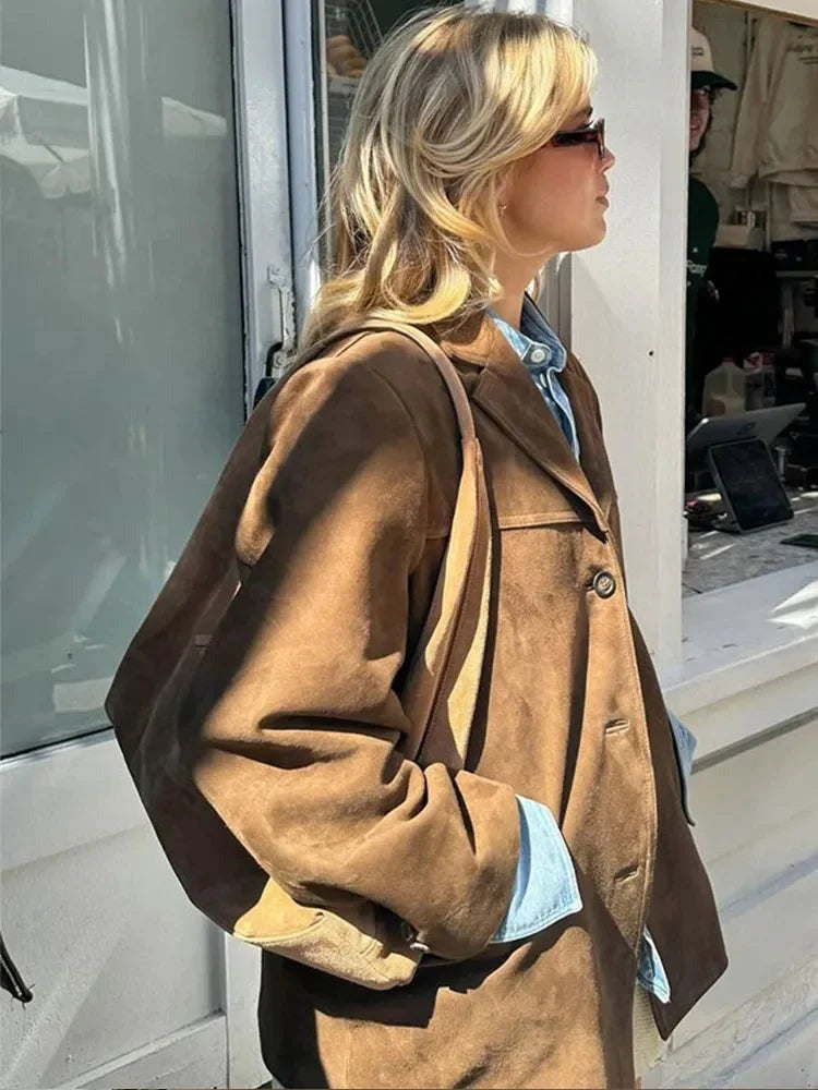 Davina - Women's Oversized Brown Suede Blazer Coat - photo 5