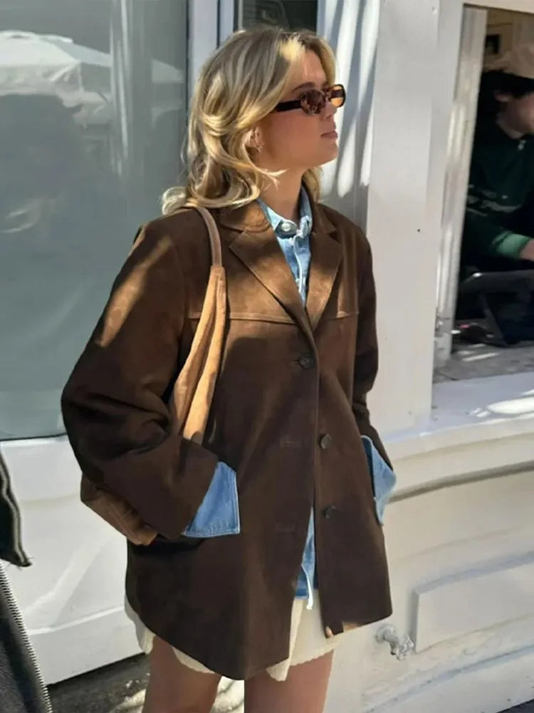 Davina - Women's Oversized Brown Suede Blazer Coat - photo 6