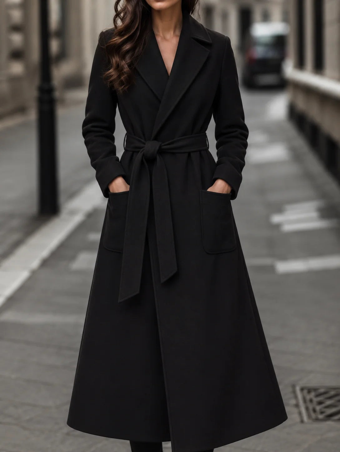 Valentina - Women's Long Belted A-Line Coat with Patch Pockets - Black