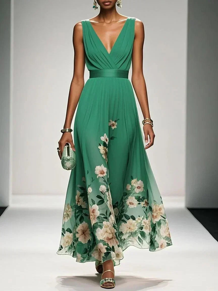 Women's Chiffon Ruched Wrap V-Neck Sleeveless Wide Strap Fitted Waistband Floral Border Hem Placement Print Full A-Line Maxi Dress - photo 8