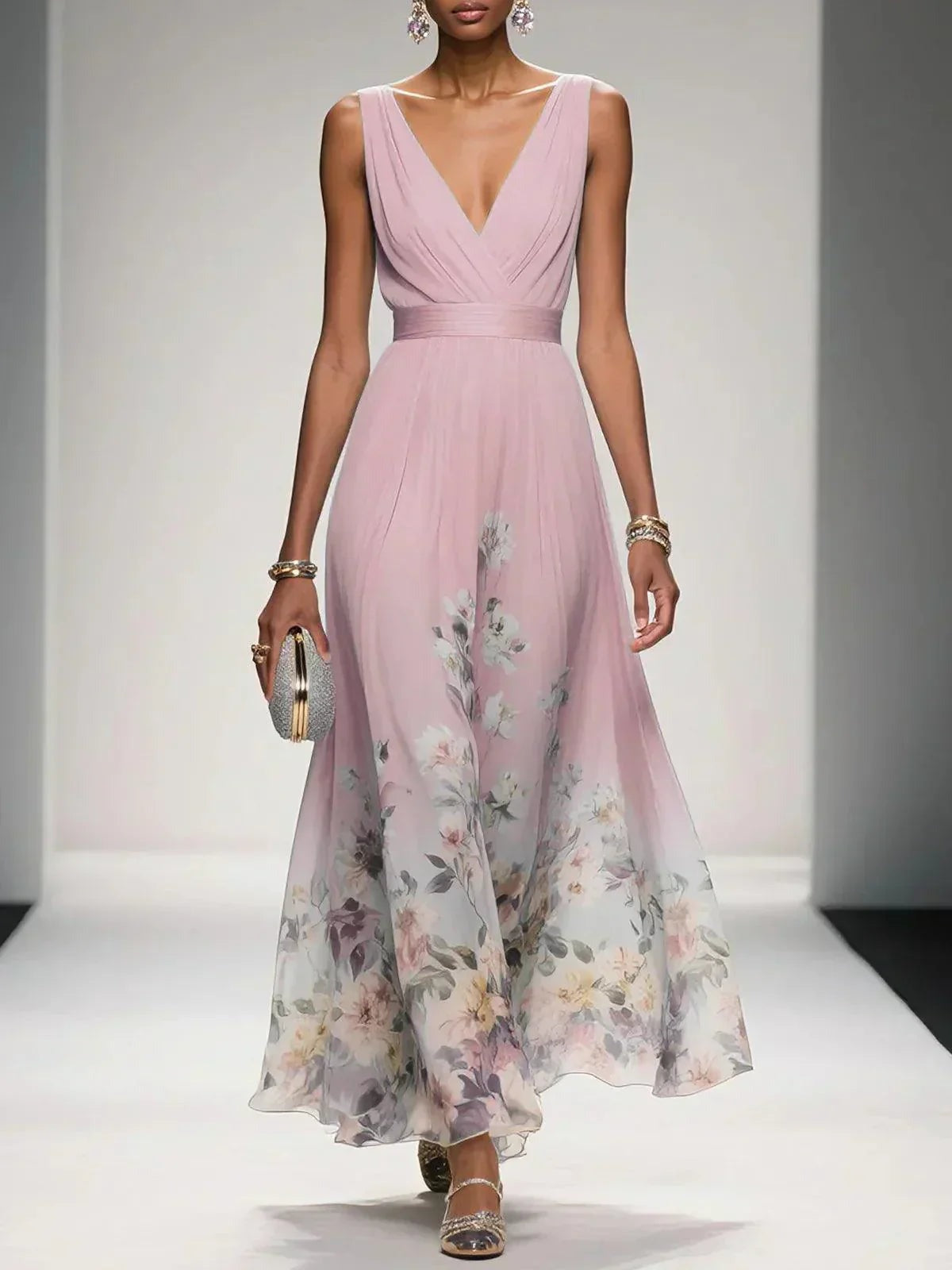 Women's Chiffon Ruched Wrap V-Neck Sleeveless Wide Strap Fitted Waistband Floral Border Hem Placement Print Full A-Line Maxi Dress - photo 5