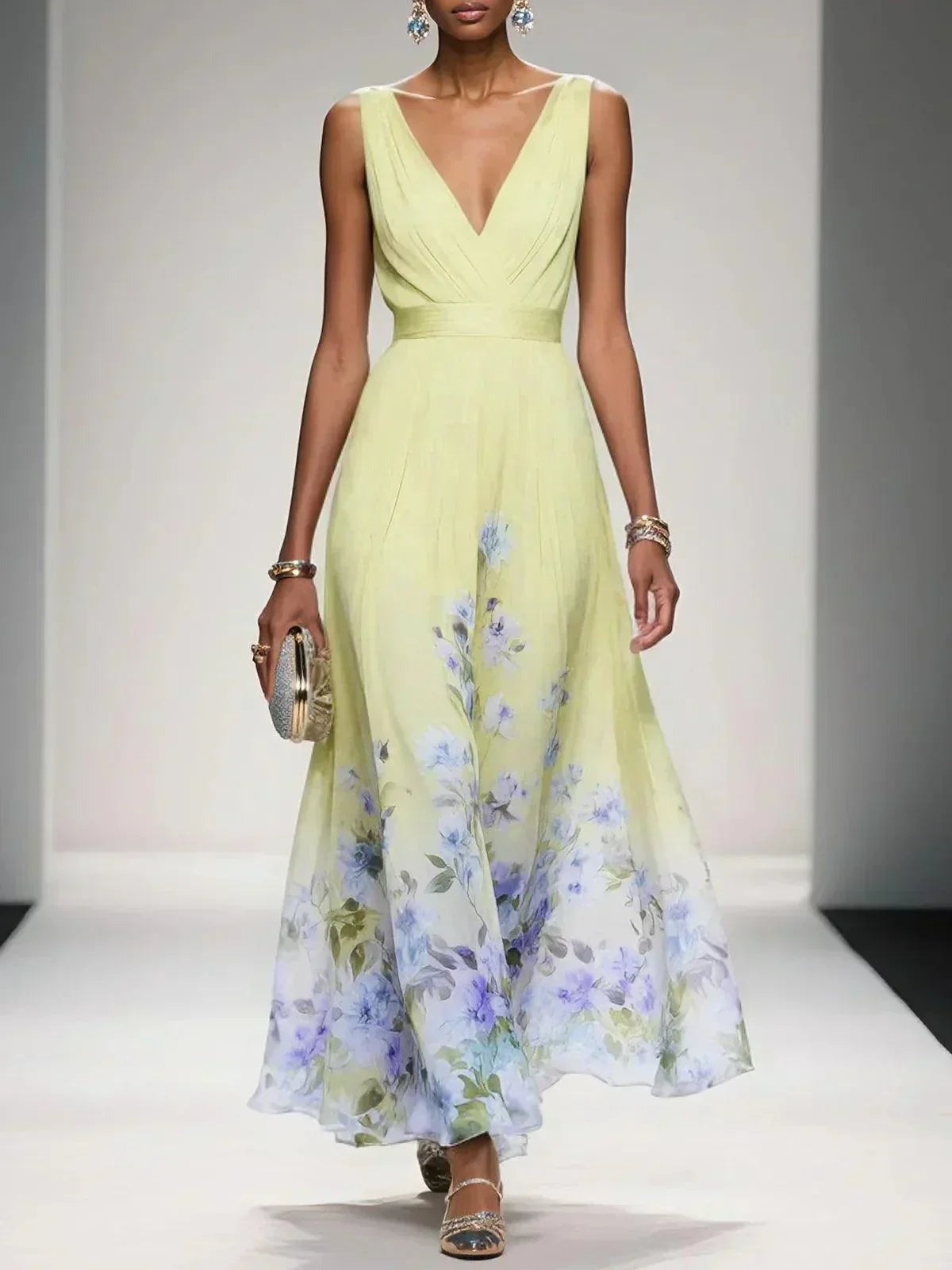 Women's Chiffon Ruched Wrap V-Neck Sleeveless Wide Strap Fitted Waistband Floral Border Hem Placement Print Full A-Line Maxi Dress - photo 3