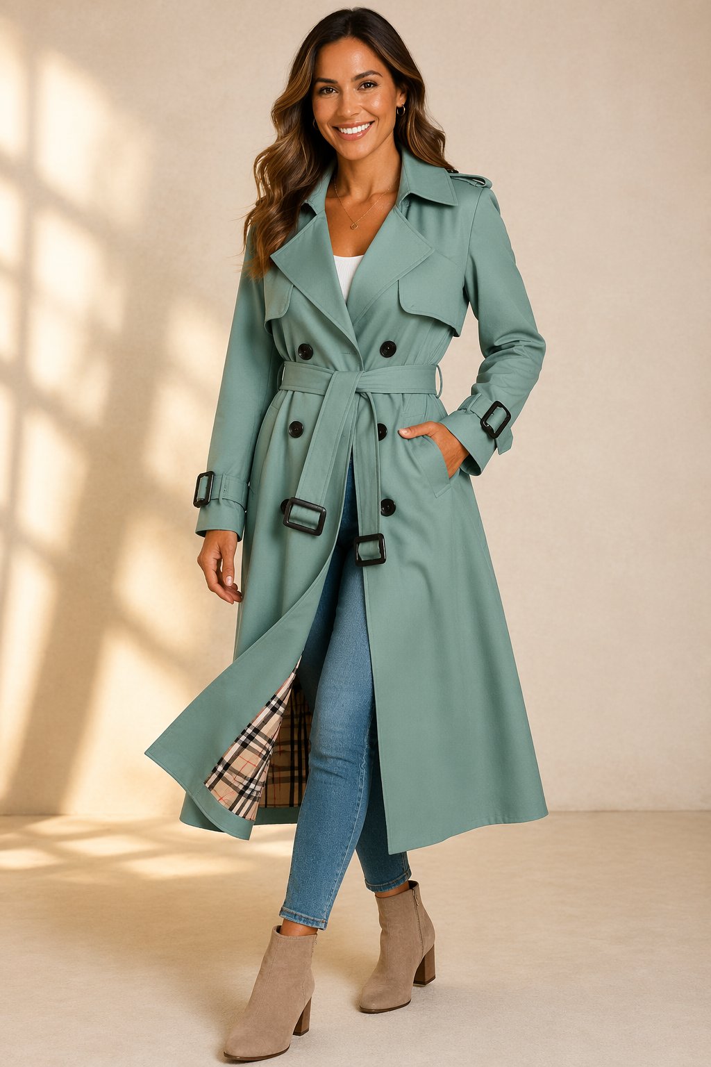 Aria - Women's Double Breasted Belted Long Trench Coat - photo 1