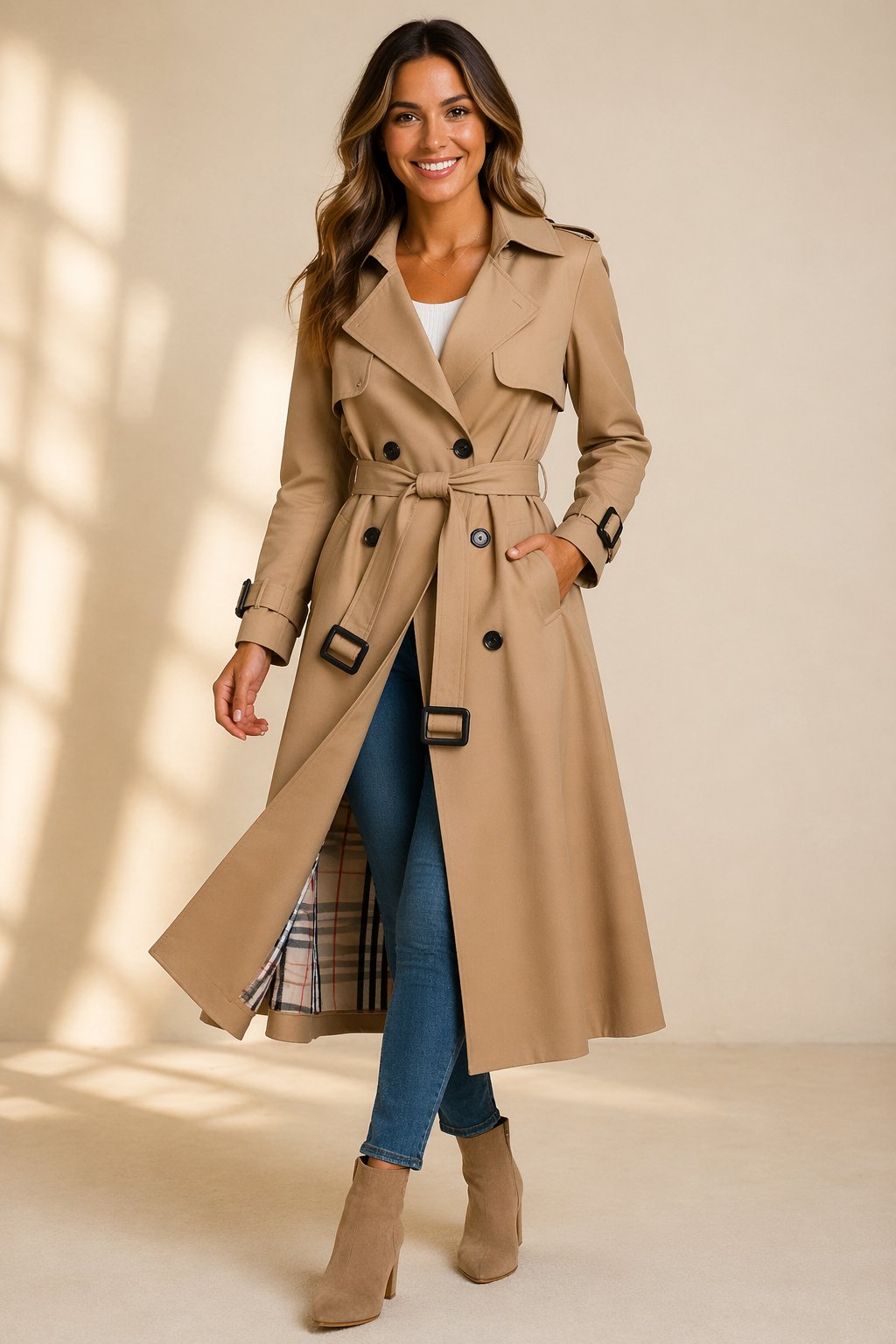 Aria - Women's Double Breasted Belted Long Trench Coat - photo 2