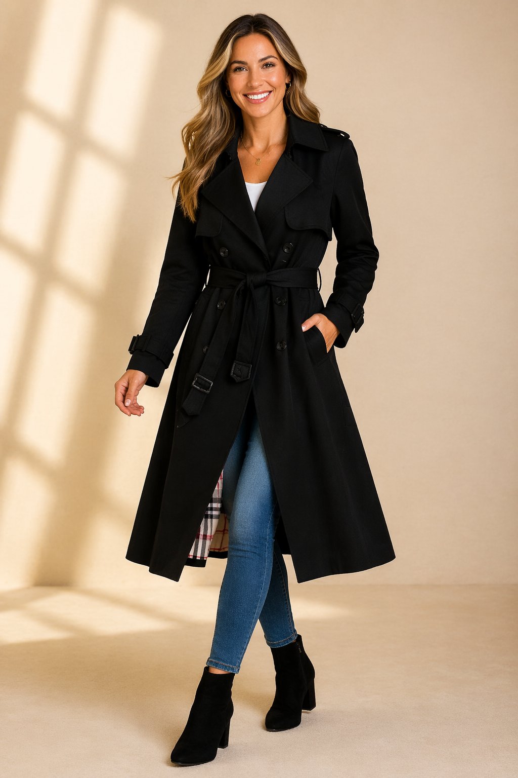 Aria - Women's Double Breasted Belted Long Trench Coat - photo 3