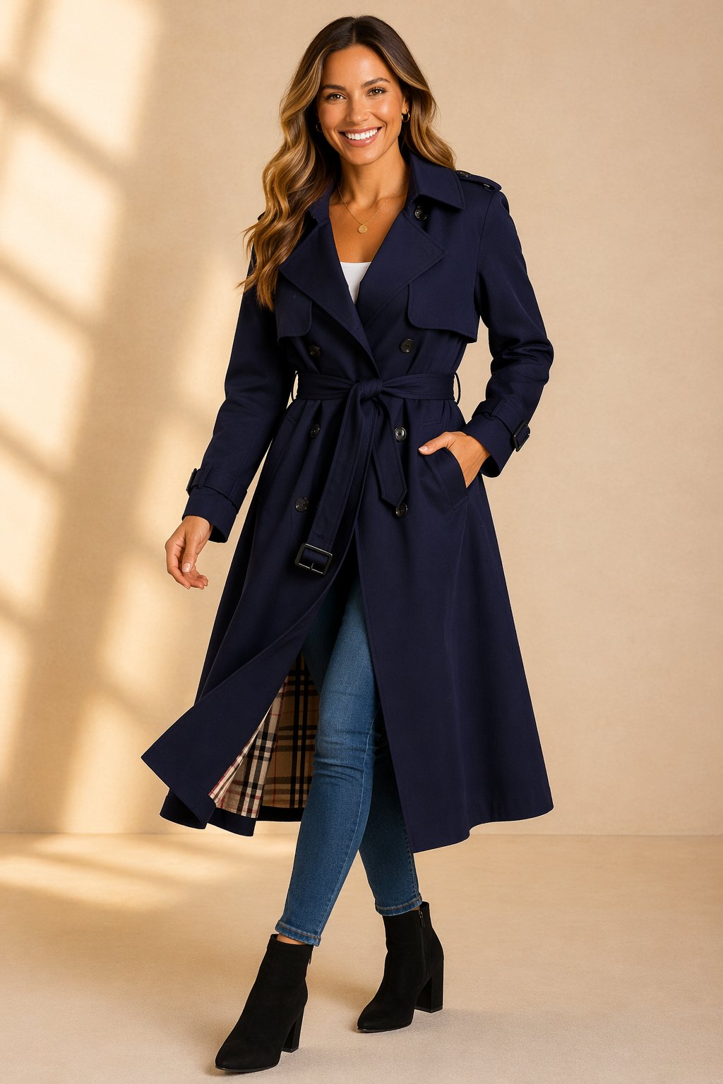 Aria - Women's Double Breasted Belted Long Trench Coat - photo 4