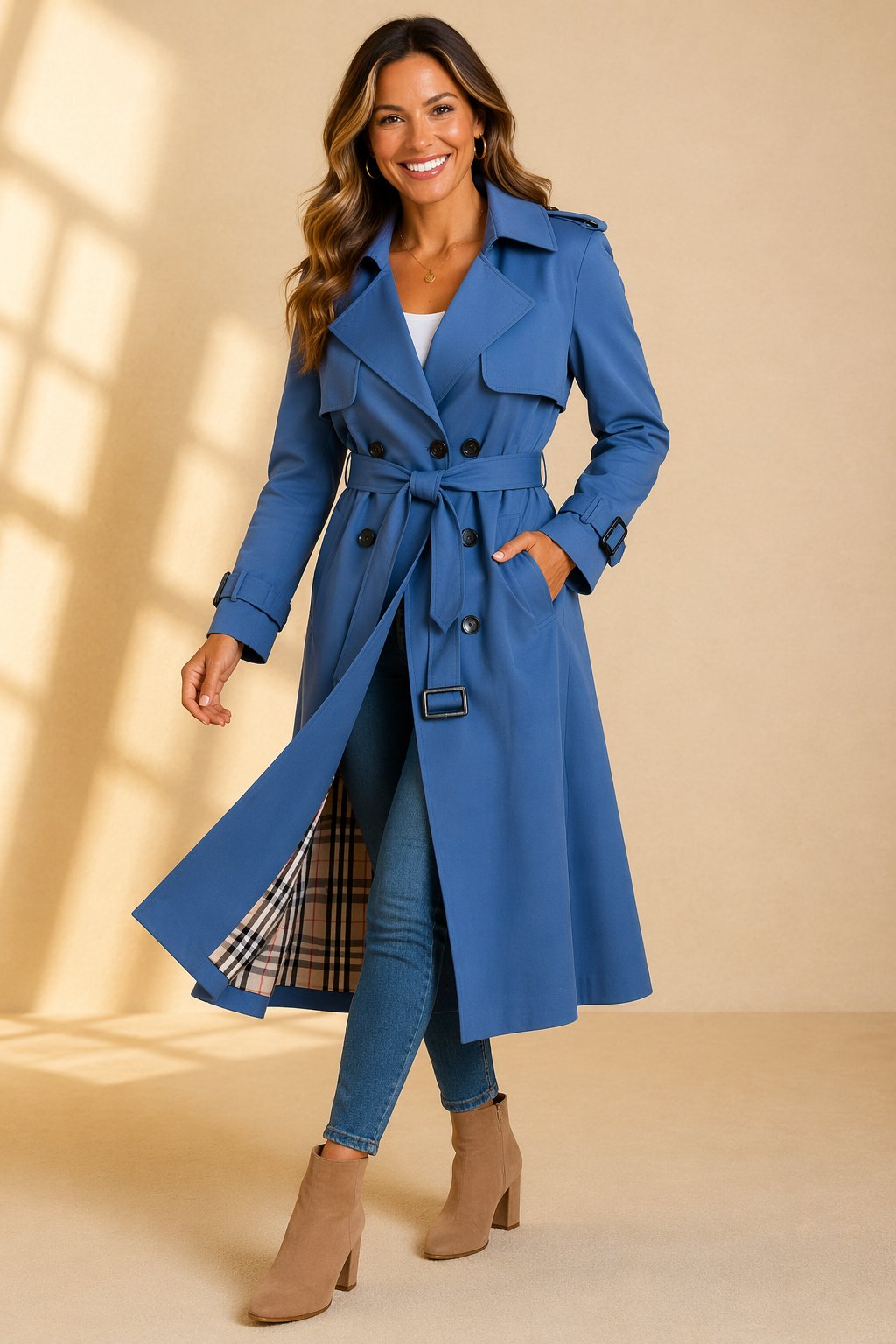 Aria - Women's Double Breasted Belted Long Trench Coat - photo 5