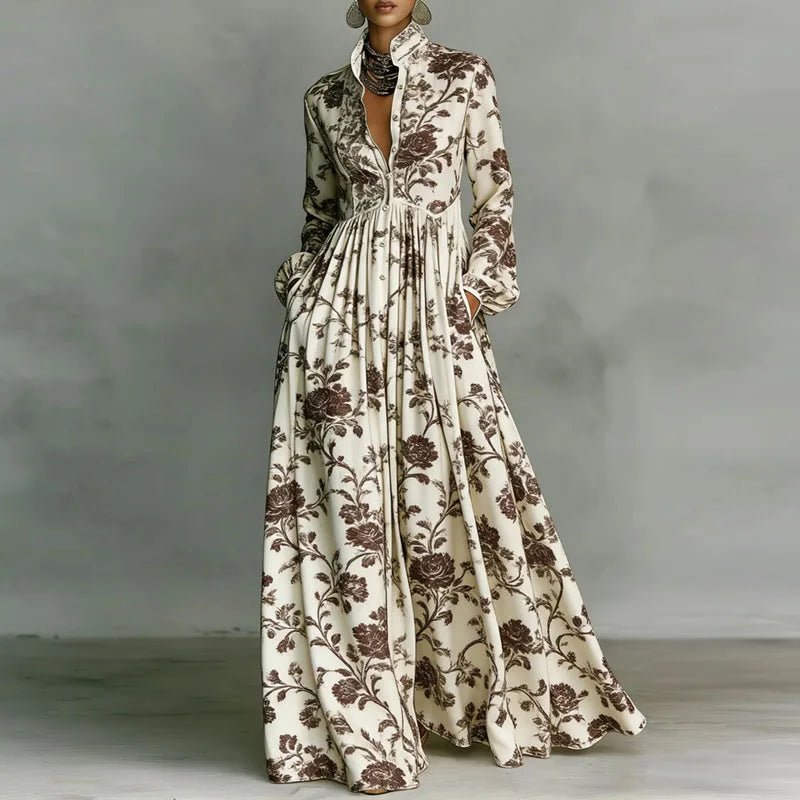 Women's Printed Boho Maxi Shirt Dress with Stand Collar and Button Front - photo 9