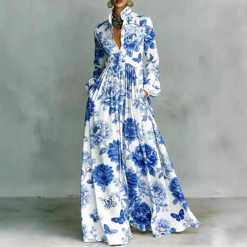 Women's Printed Boho Maxi Shirt Dress with Stand Collar and Button Front - photo 5