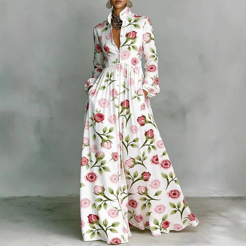 Women's Printed Boho Maxi Shirt Dress with Stand Collar and Button Front - photo 6