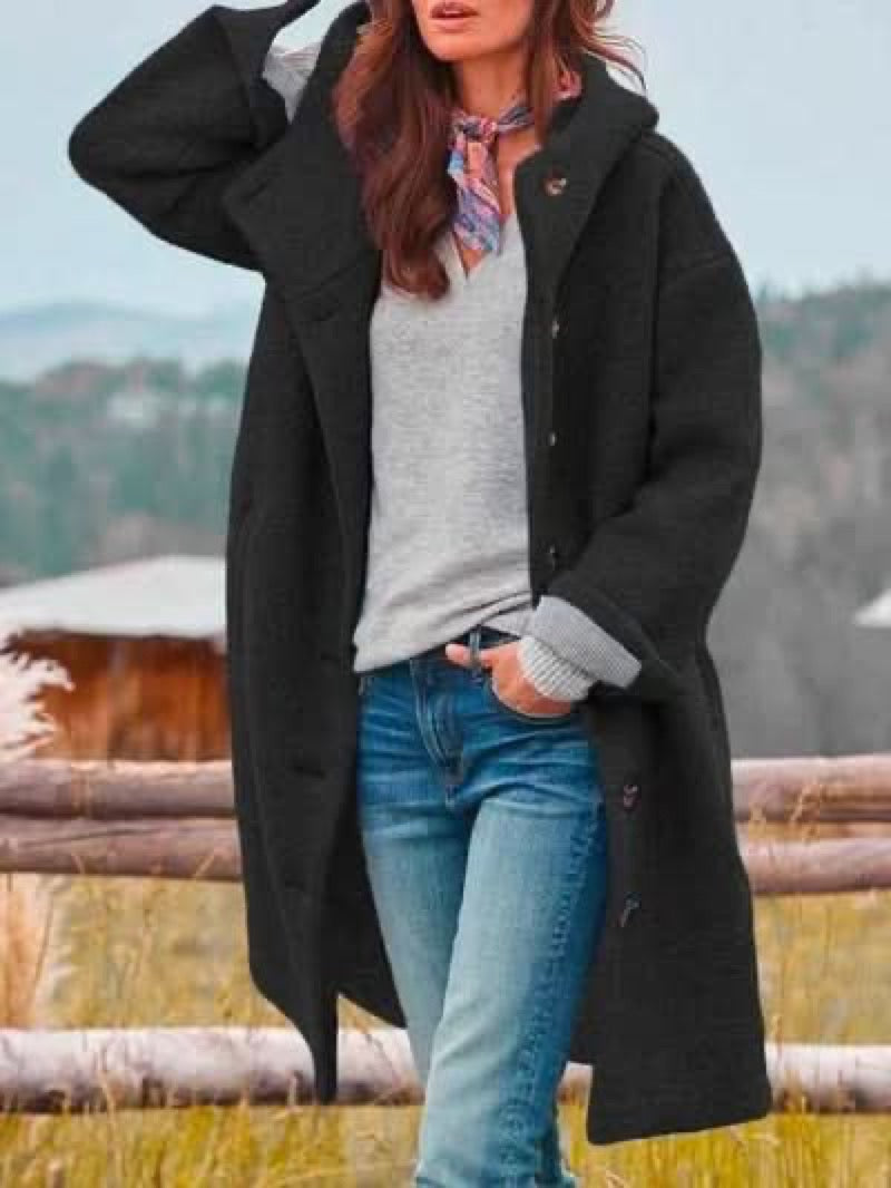 Women's Hooded Coat with Button Front and Pockets - Black