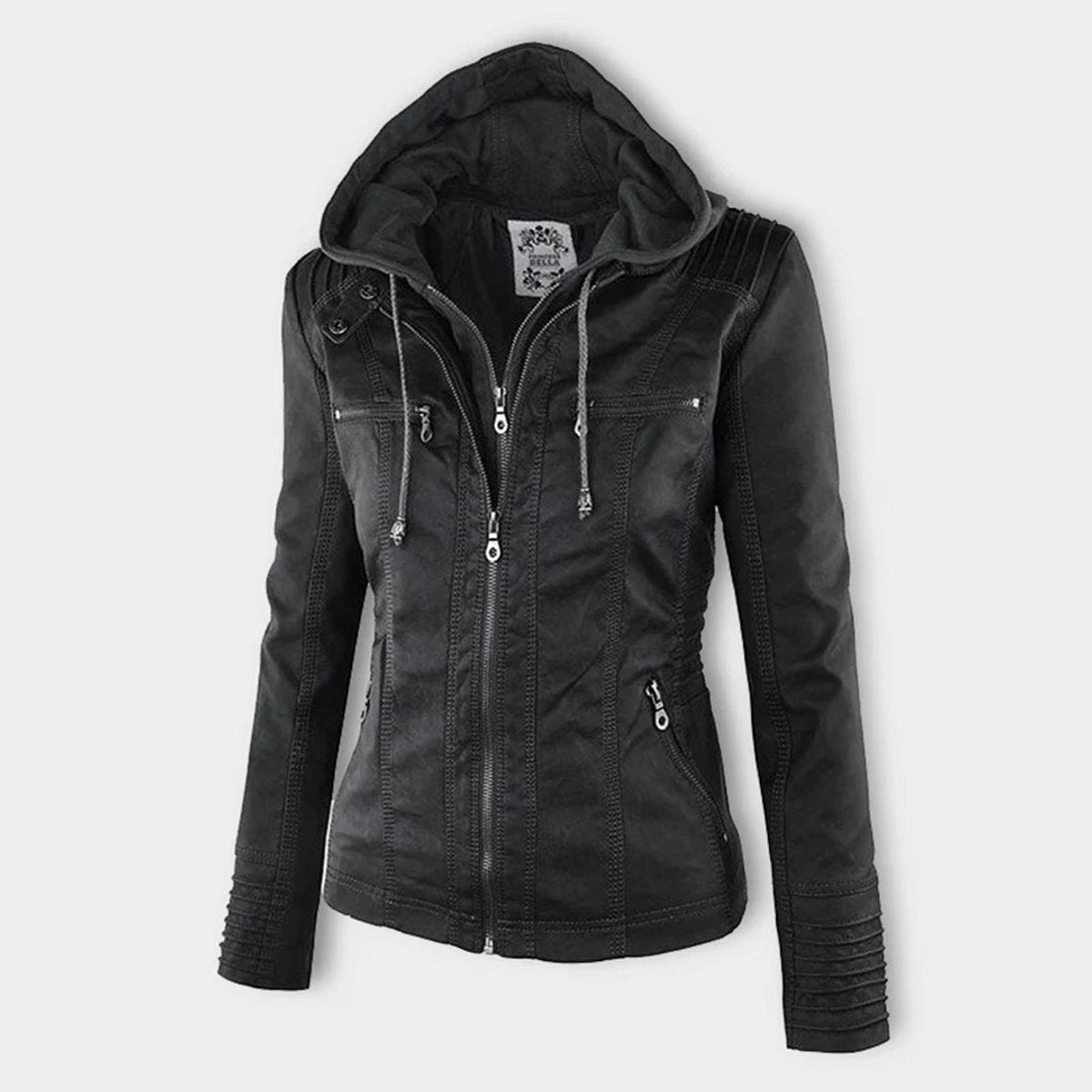 Charlotte - Women's Faux Leather Moto Coat with Removable Hood - photo 10