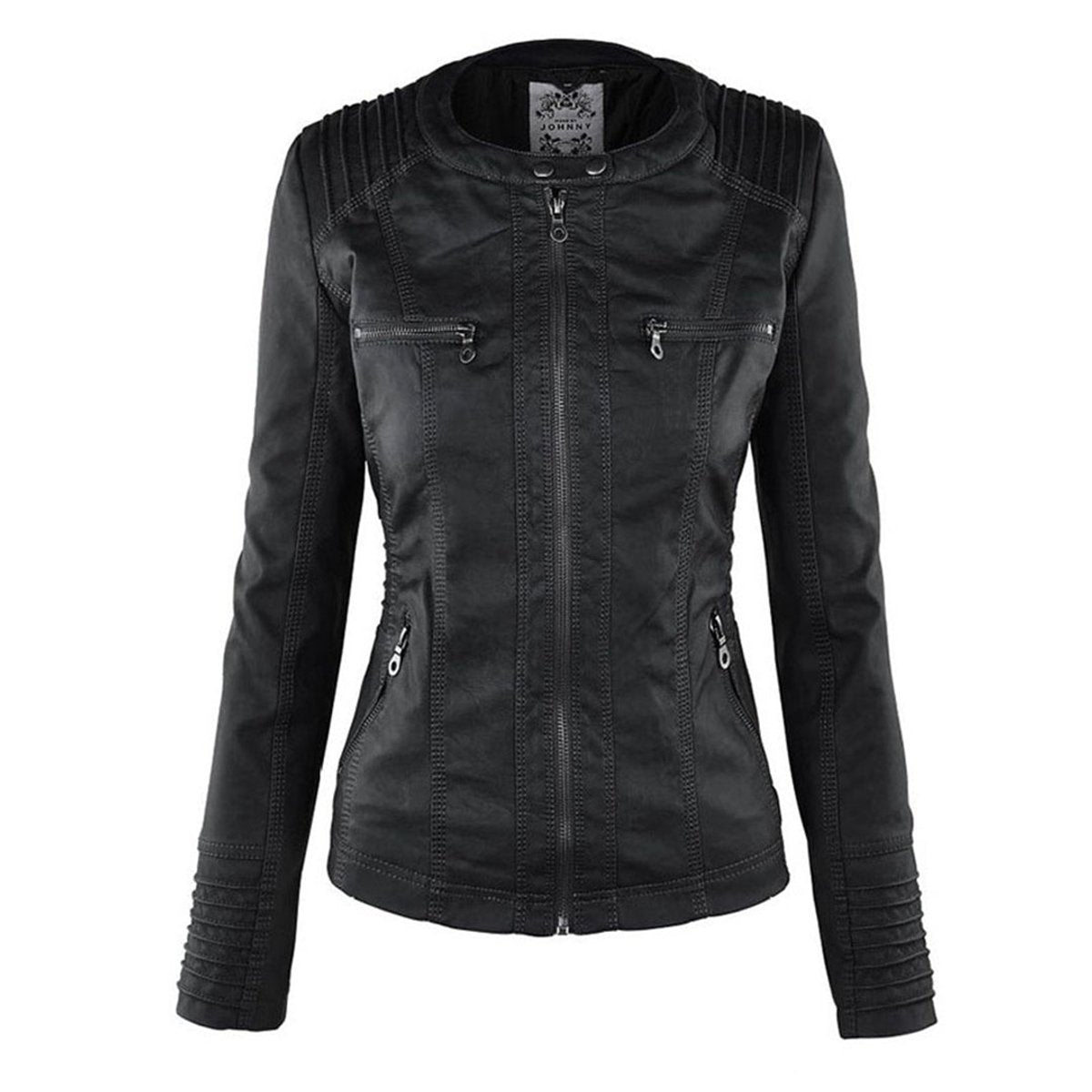 Charlotte - Women's Faux Leather Moto Coat with Removable Hood - photo 11
