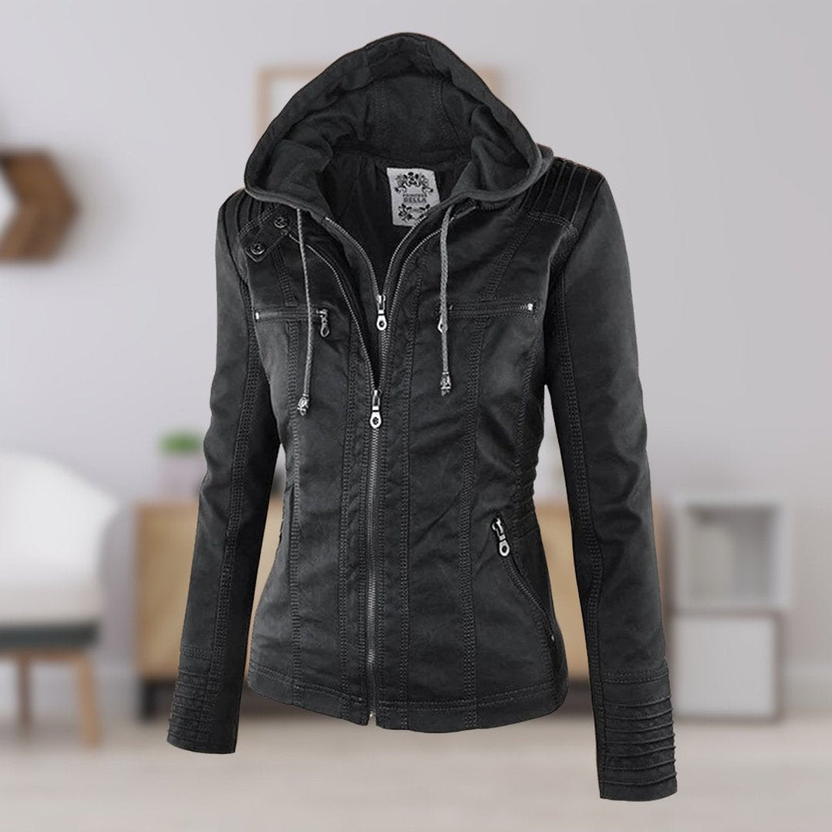 Charlotte - Women's Faux Leather Moto Coat with Removable Hood - photo 2