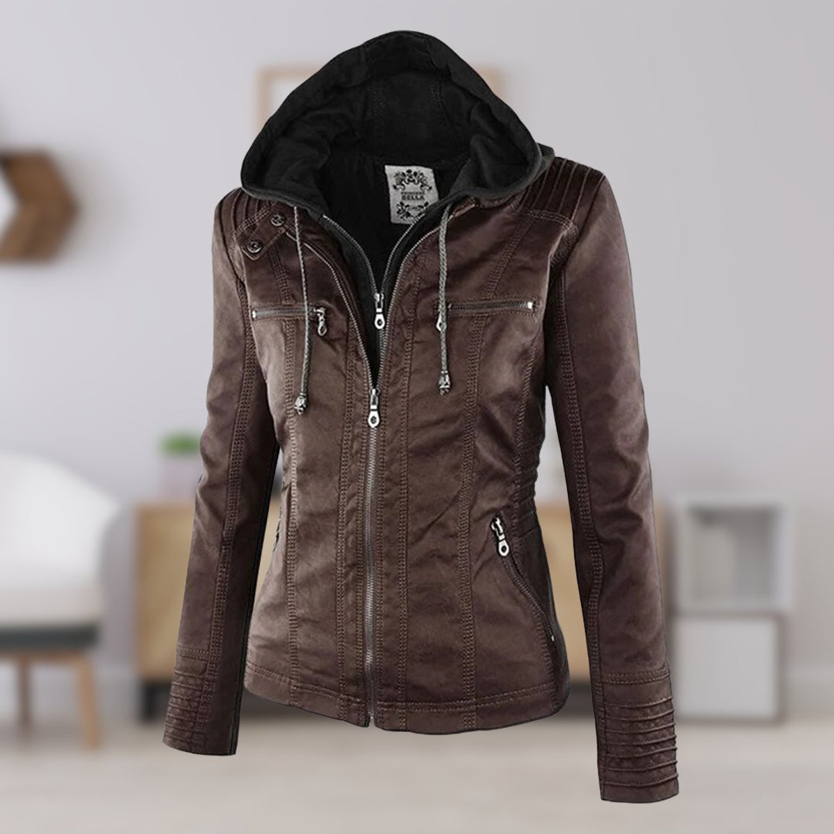 Charlotte - Women's Faux Leather Moto Coat with Removable Hood - photo 3