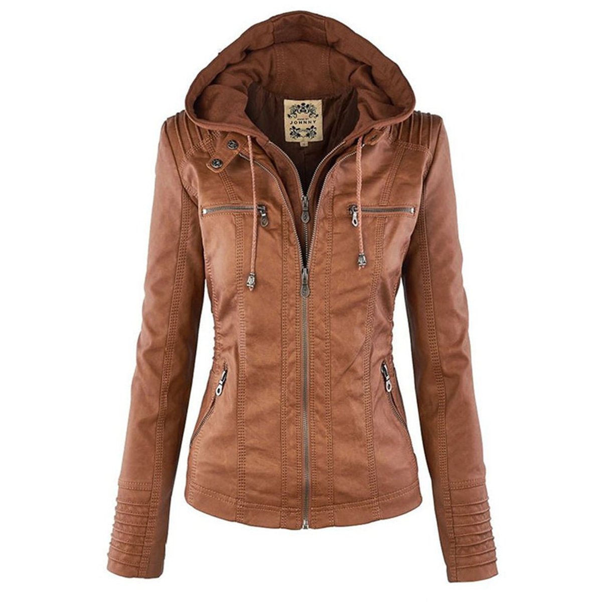 Charlotte - Women's Faux Leather Moto Coat with Removable Hood - photo 4