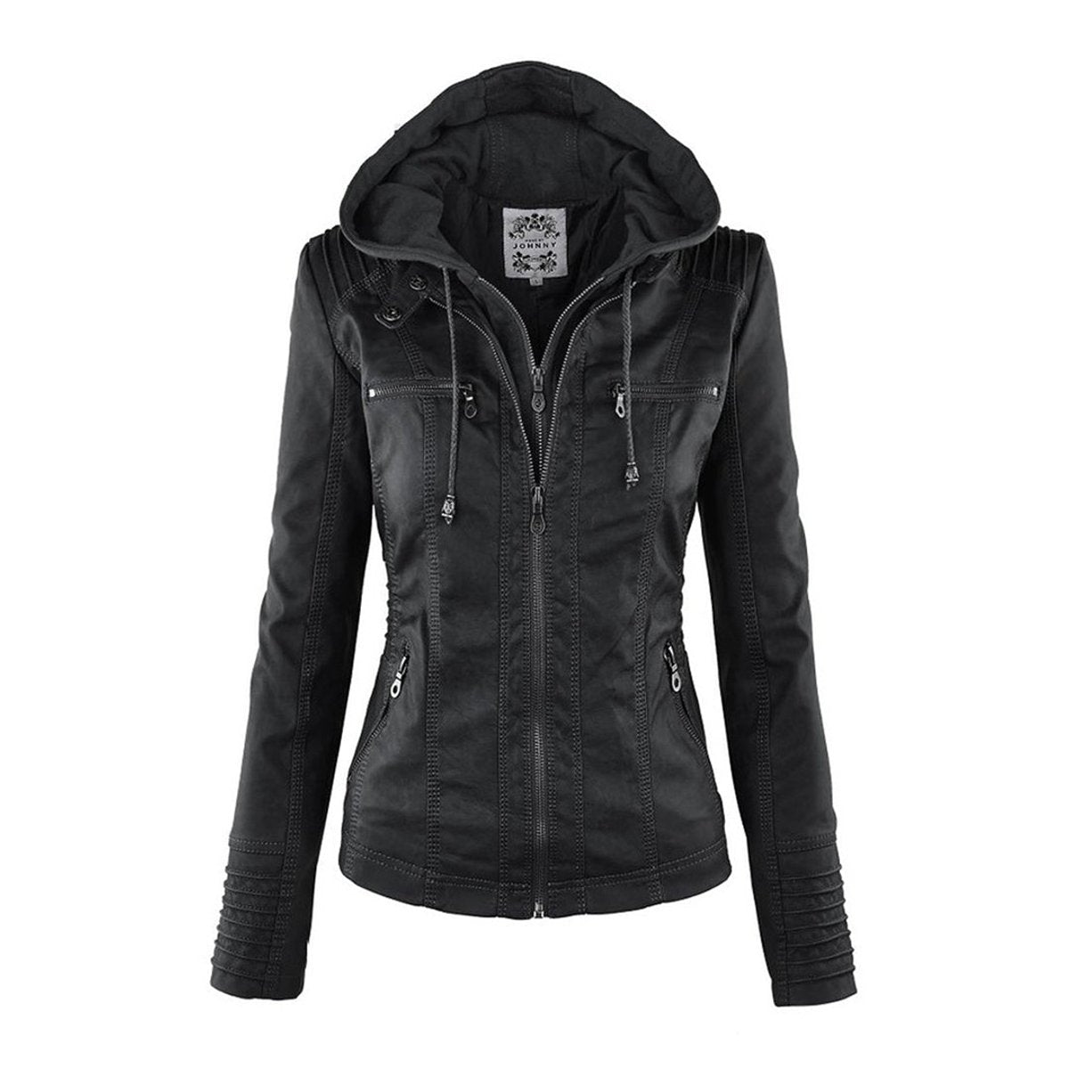 Charlotte - Women's Faux Leather Moto Coat with Removable Hood - photo 5