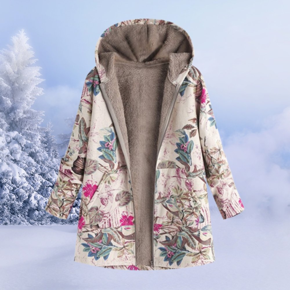 Anne - Palton de iarnă cu glugă pentru femei, din Sherpa floral