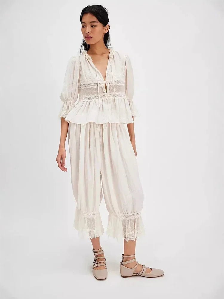 Kate - Completo da donna in pizzo a due pezzi con maniche a lanterna