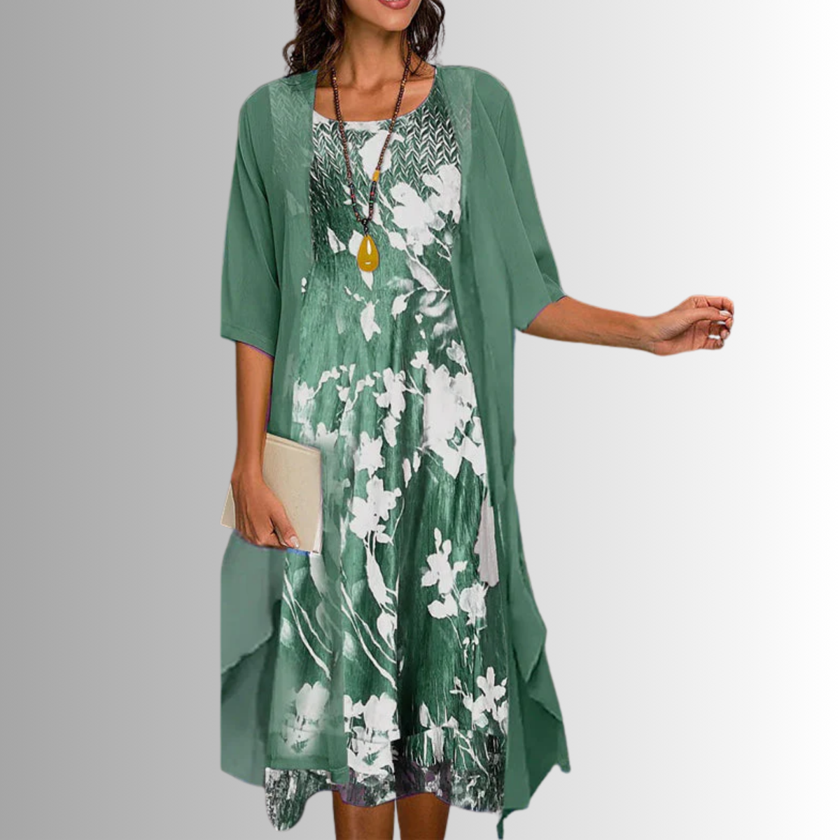Women's Layered Midi Dress Set with Sheer Cardigan