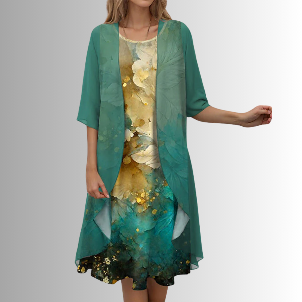 Women's Layered Midi Dress Set with Sheer Cardigan