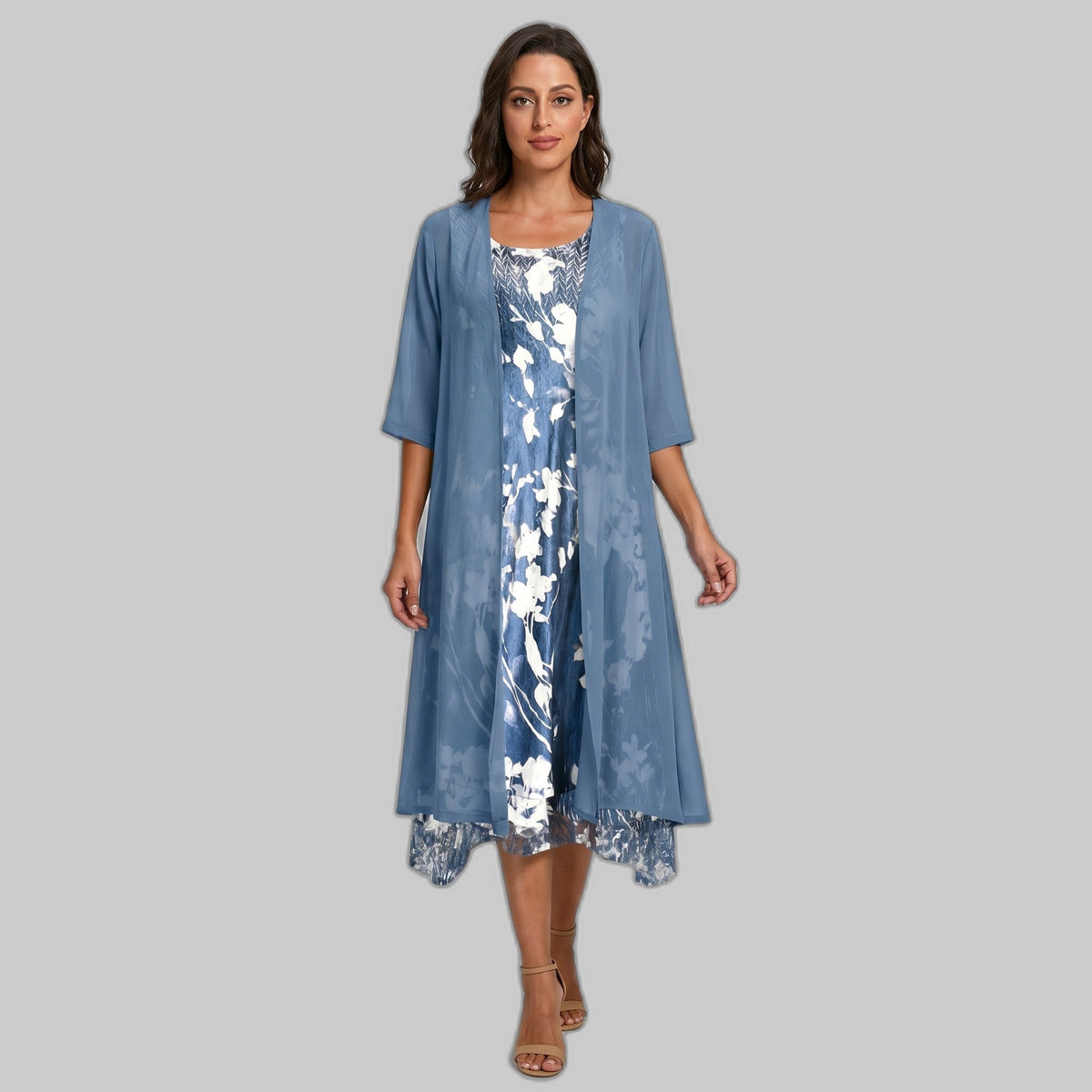 Women's Layered Midi Dress Set with Sheer Cardigan - photo 7