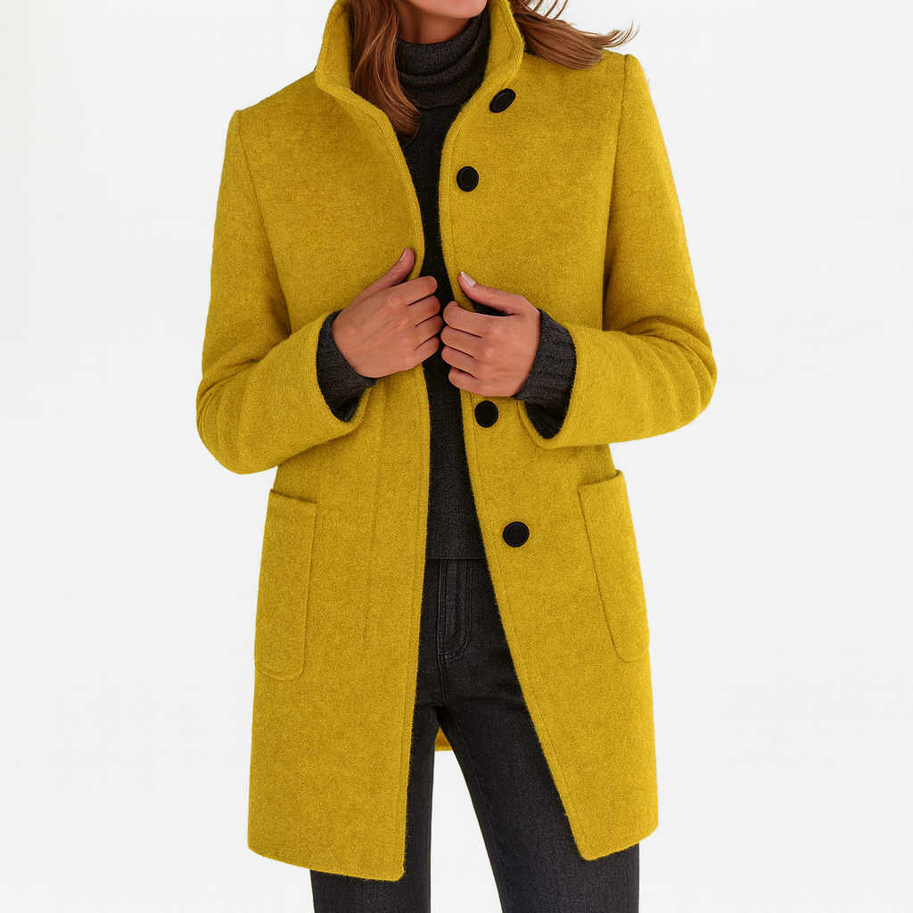 Minerva - Women's Textured Coat with Stand Collar and Button Front - Yellow