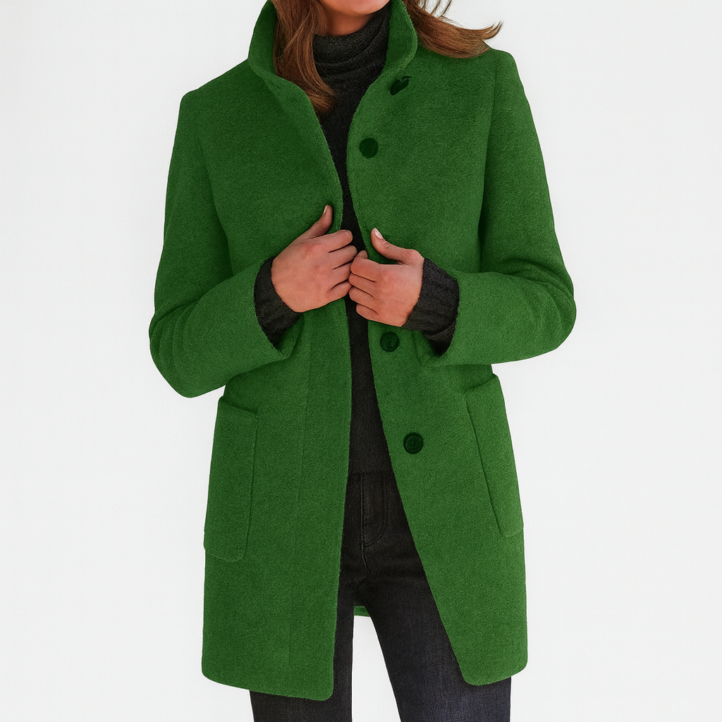 Minerva - Women's Textured Coat with Stand Collar and Button Front - Green