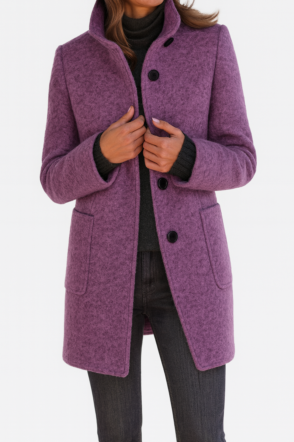 Minerva - Women's Textured Coat with Stand Collar and Button Front - Purple