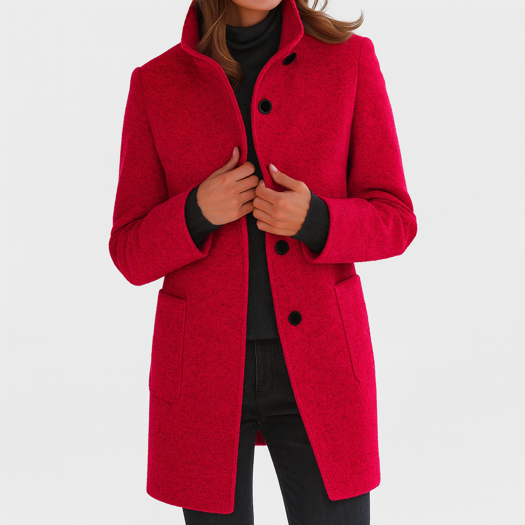 Minerva - Women's Textured Coat with Stand Collar and Button Front - Red