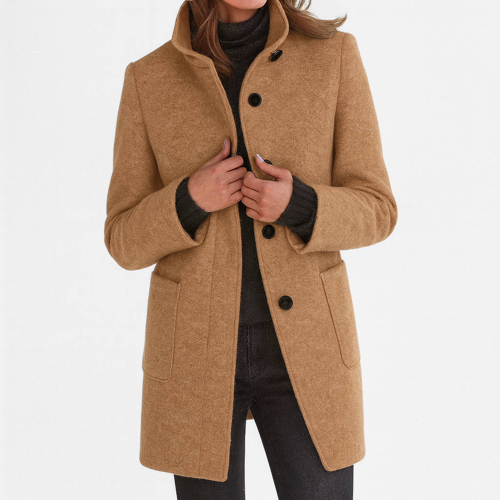 Minerva - Women's Textured Coat with Stand Collar and Button Front - Khaki