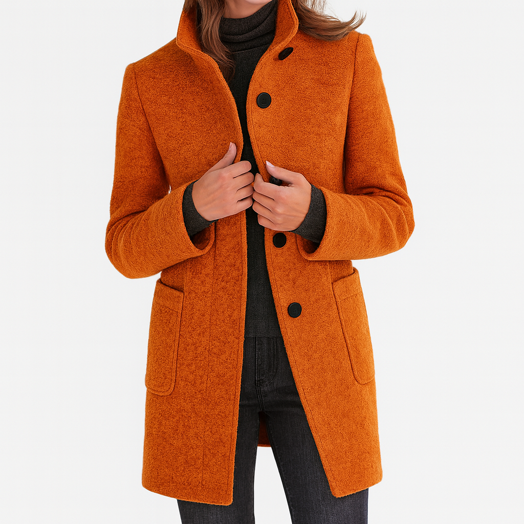 Minerva - Women's Textured Coat with Stand Collar and Button Front - Orange