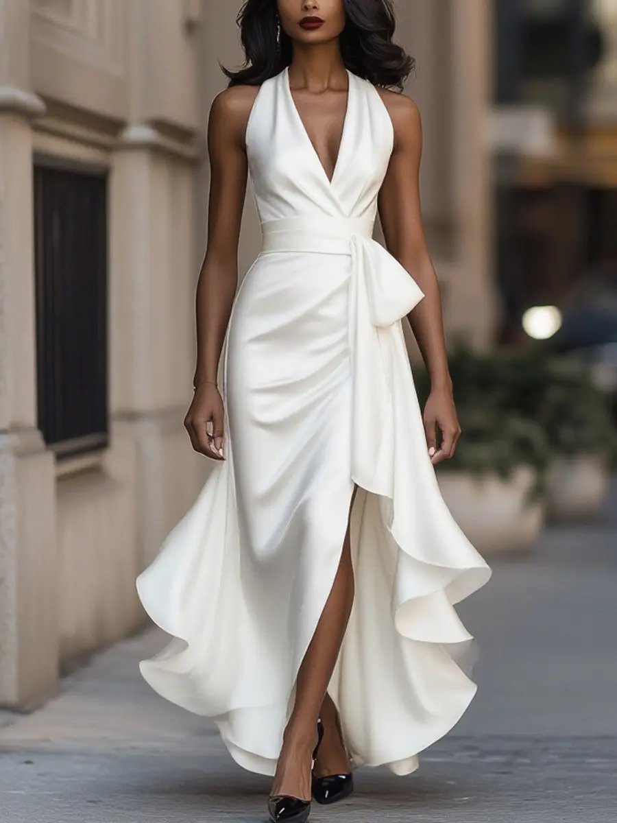 Women's Halter Wrap Maxi Evening Dress with Ruffle Hem - photo 2