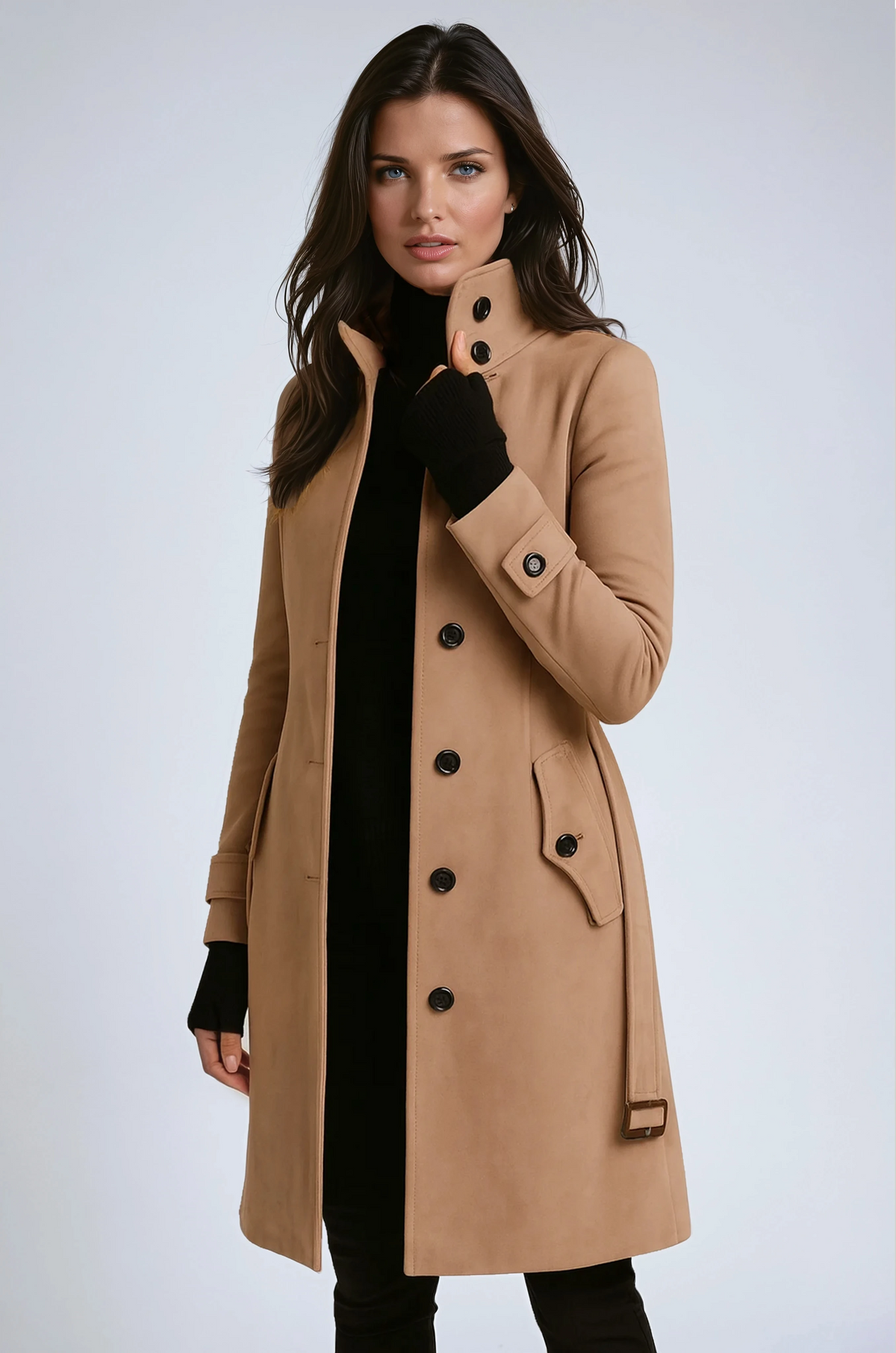 Madge - Cappotto lungo da donna con collo alla coreana e tasche con patta - Cachi