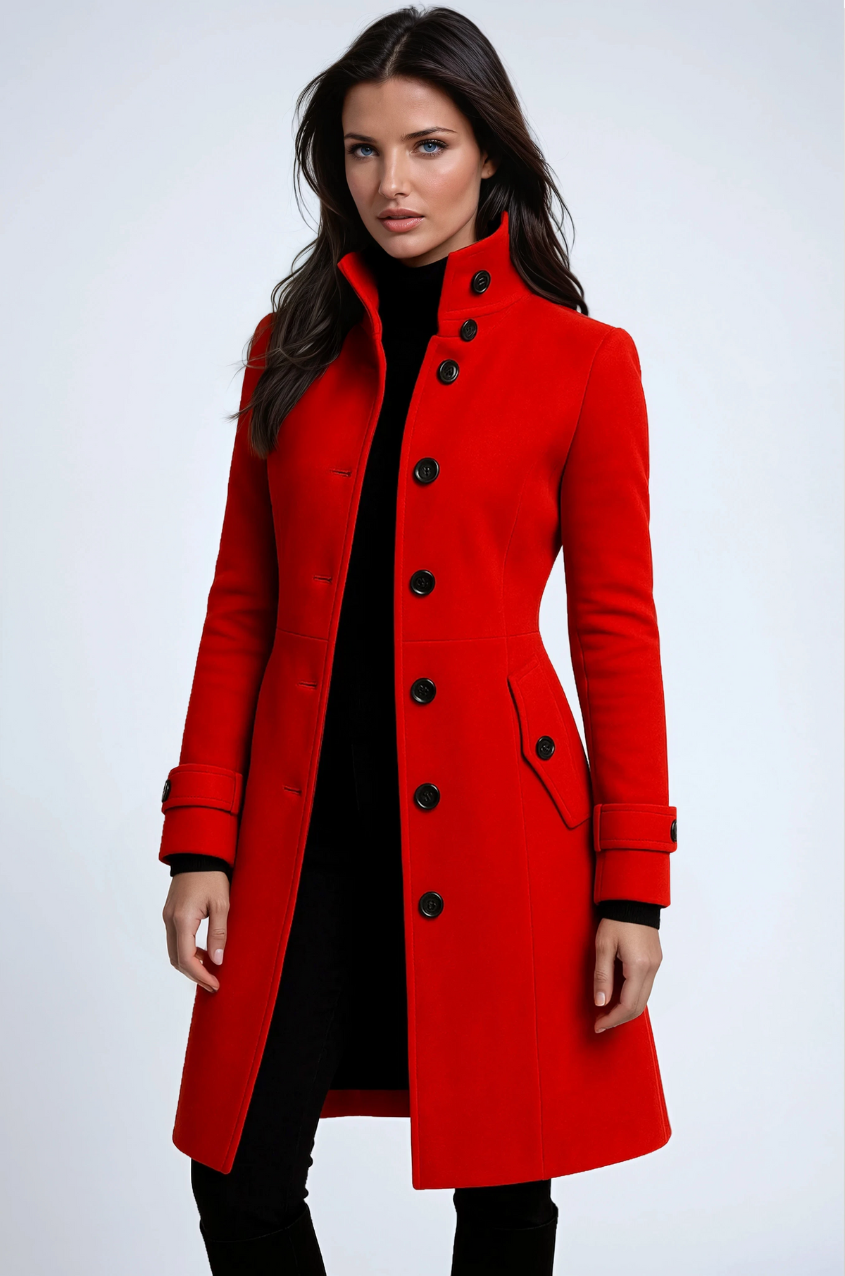 Madge - Cappotto lungo da donna con collo alla coreana e tasche con patta - Rosso