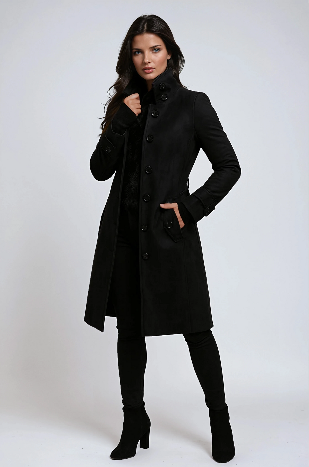 Madge - Cappotto lungo da donna con collo alla coreana e tasche con patta - Nero