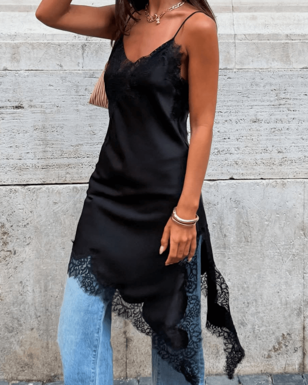 Libby - Abito midi da donna in raso con pizzo e orlo asimmetrico