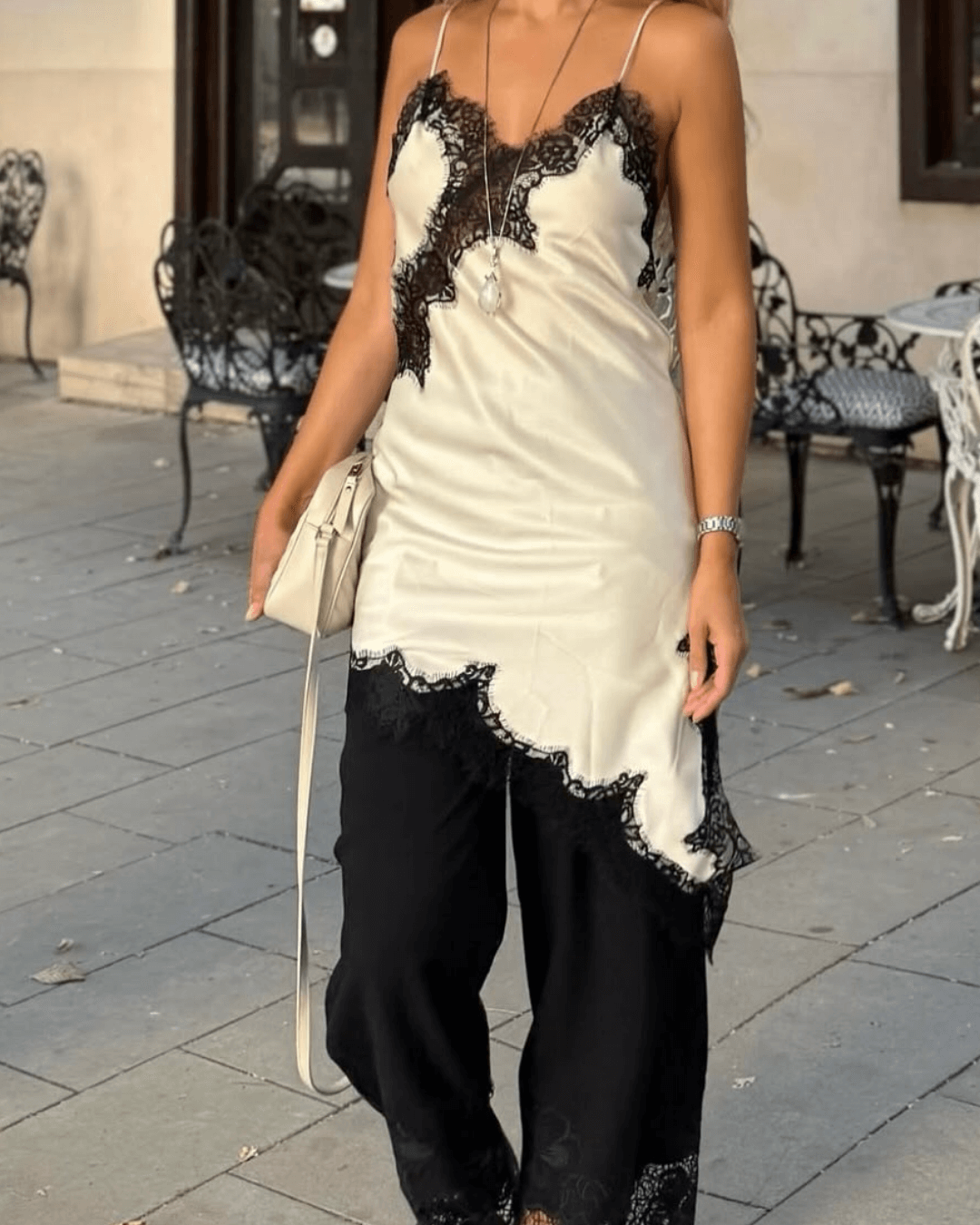 Libby - Abito midi da donna in raso con pizzo e orlo asimmetrico