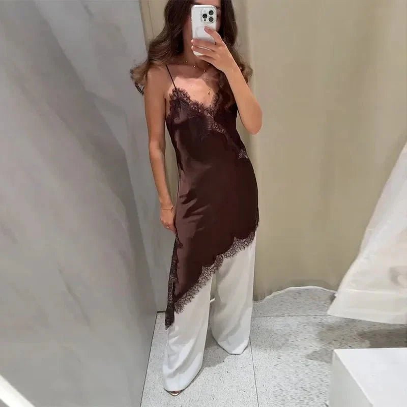 Libby - Abito midi da donna in raso con pizzo e orlo asimmetrico