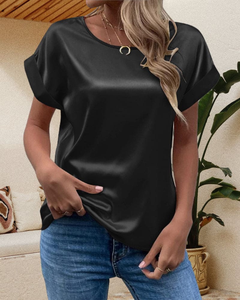 Women's Short Sleeve Blouse with Crew Neckline