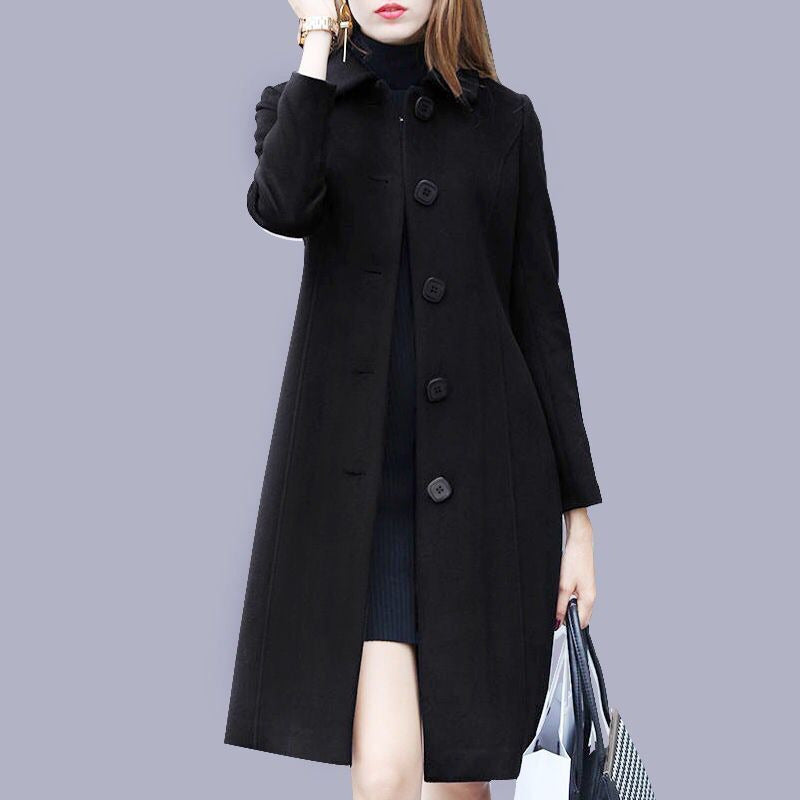 Women's Single-Breasted Long Coat - Black