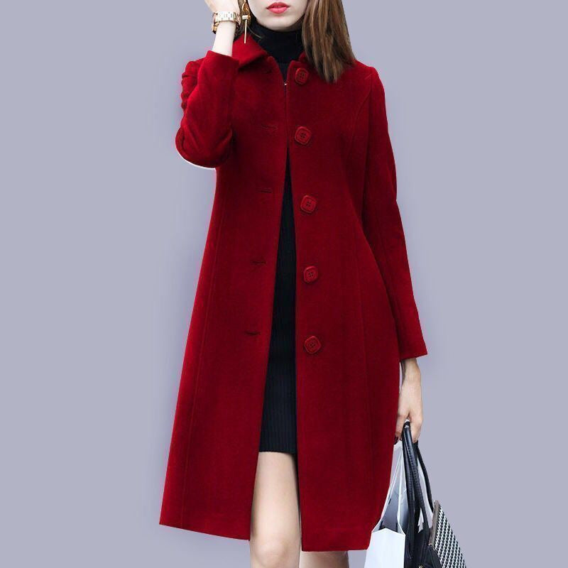 Women's Single-Breasted Long Coat - Burgundy