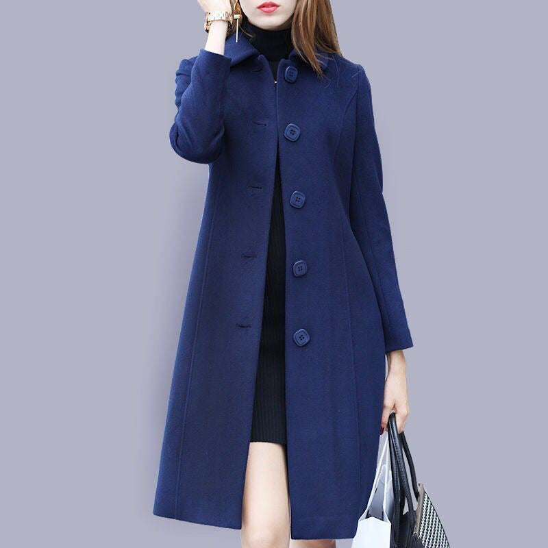 Women's Single-Breasted Long Coat - Dark Blue