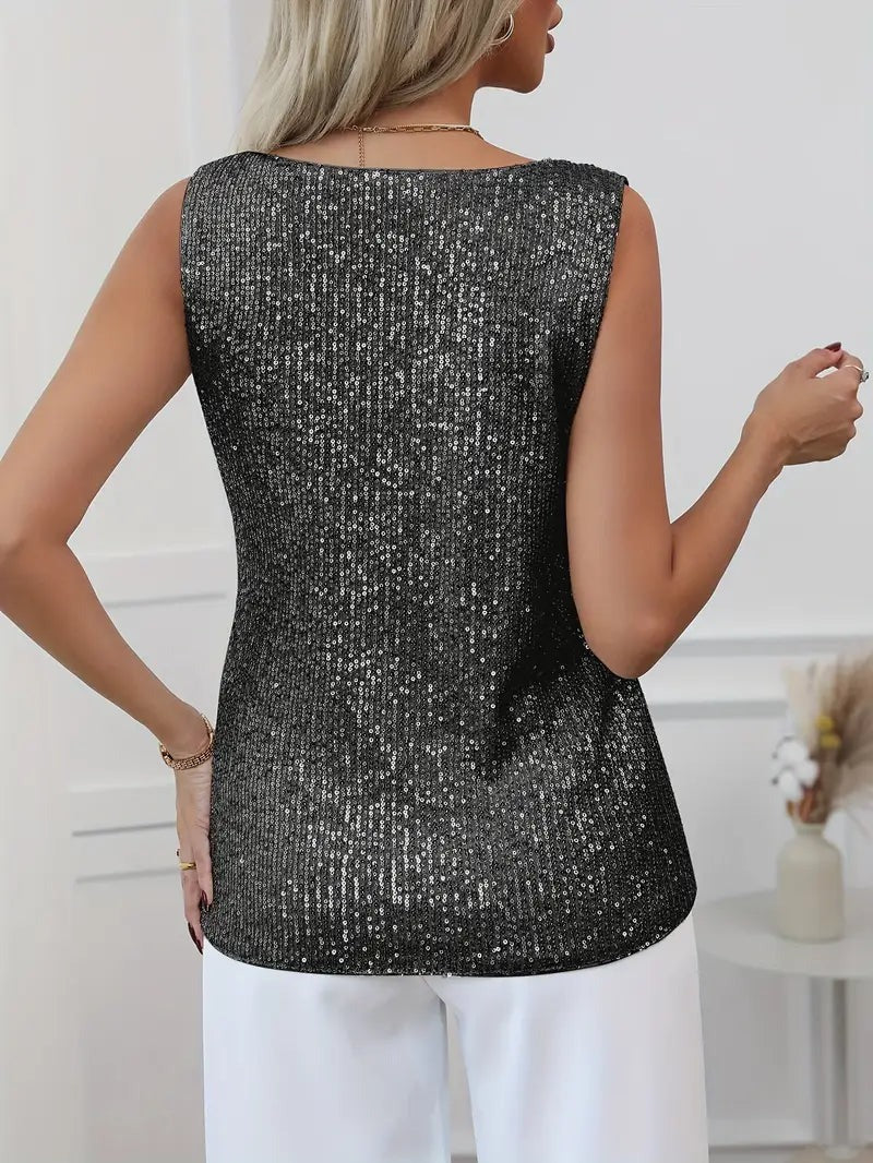 Women's Sparkling V-Neck Top Sleeveless Elegant Evening Blouse